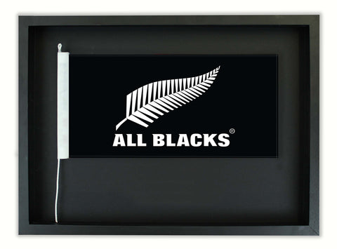 Authentic All Blacks Flag in a Black Oak Frame. Free shipping in NZ.