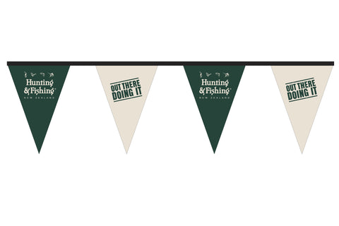 Hunting and Fishing 'Out There Doing It' Green and White Bunting. 5m lengths