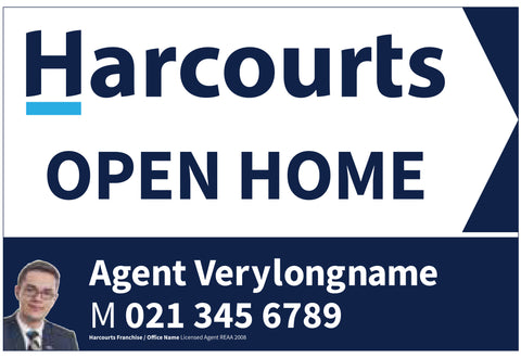 Harcourts Directional Sign with Agent Info and White Background
