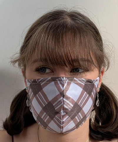 FACE MASKS. BROWN TARTAN DESIGN ADULT, YOUTH AND CHILD SIZES. PRICED FROM: