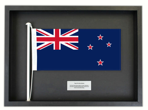 Authentic New Zealand Flag in a Black Oak Frame.